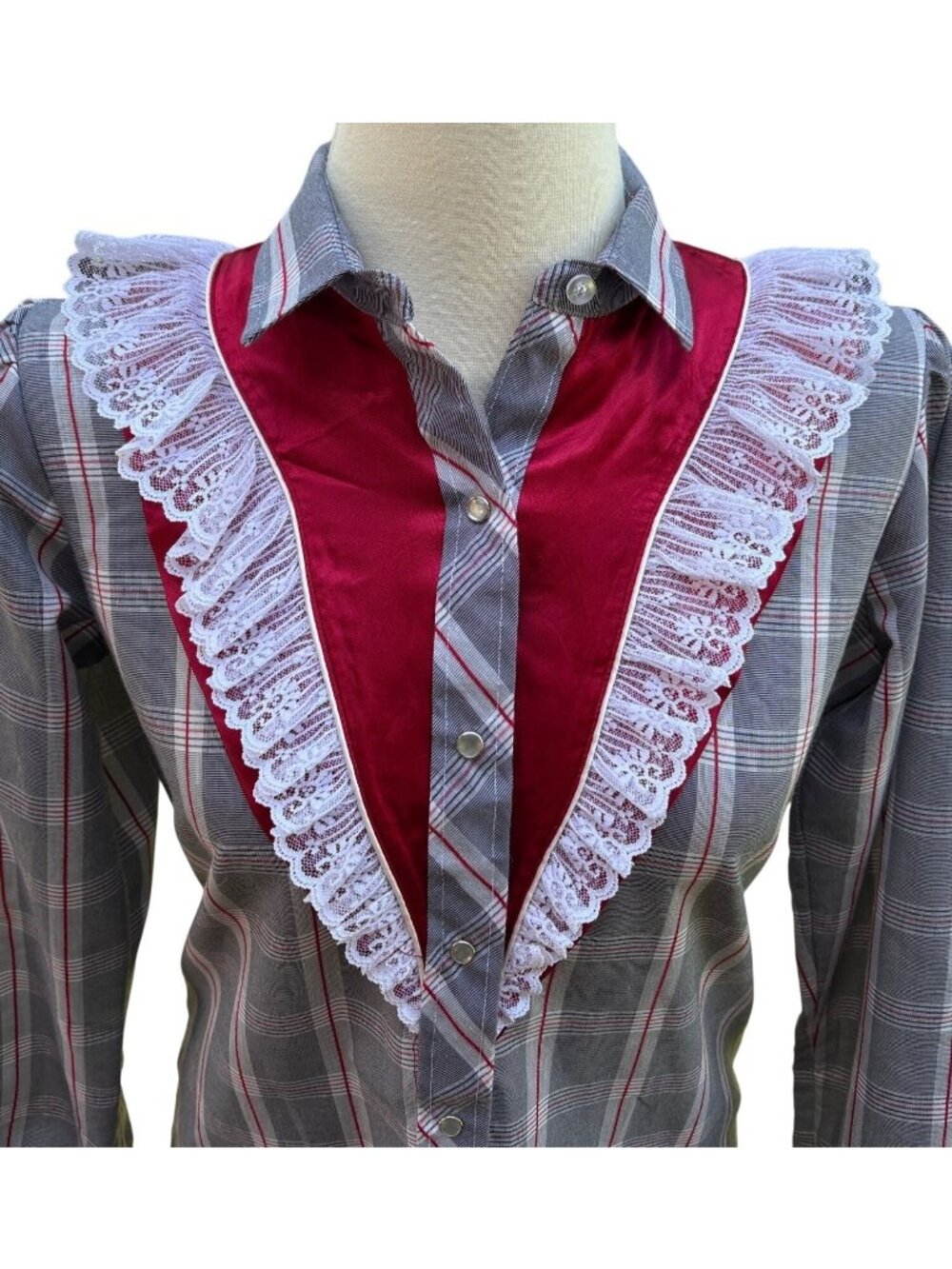 Western Shirt Plaid Snap Frilly Cowgirl Ruffle Yoke Size 8 Vtg Kenny Rogers